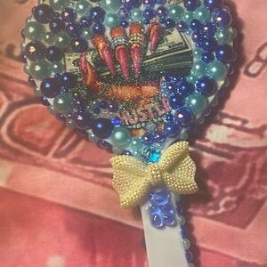 Beaded Hand Mirror with Bow and Hustle Design